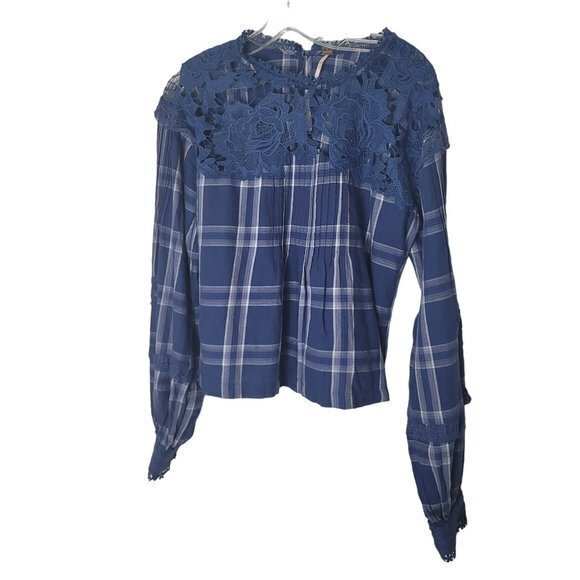 Free People Womens Size‎ Small Blue Plaid Darling Diana Long Sleeve Shirt - Picture 1 of 10